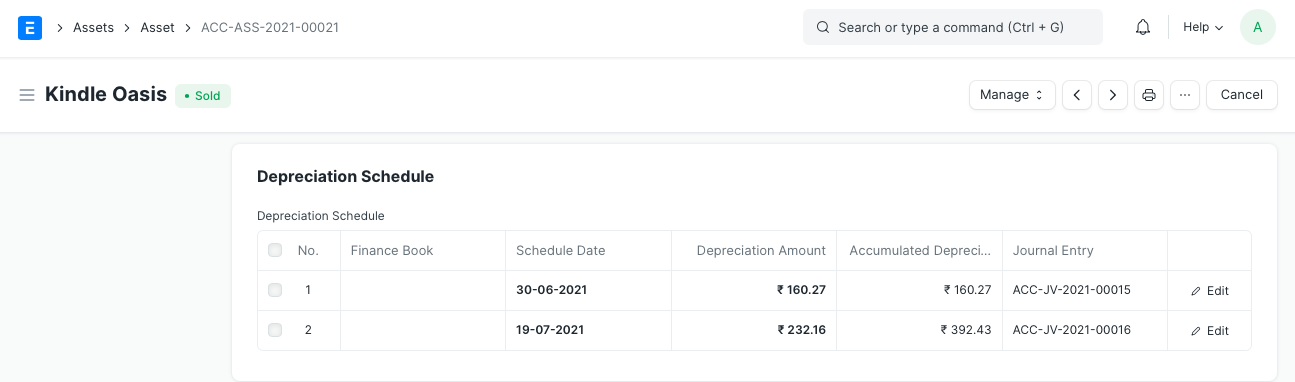 Depreciation schedule